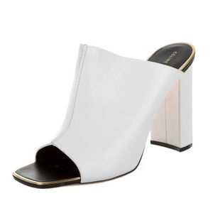 Celine Leather Minimalist Peep Toe Block Heel Mules White w/ Gold Trim Womens 36